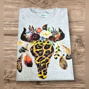 Port & Company Gray Western Steer Leopard Print Short Sleeve Tee Shirt Top